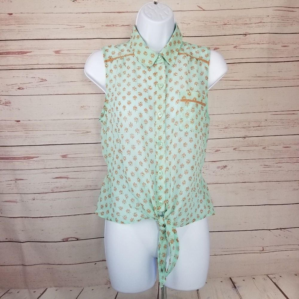 Mine Women's S Button Up Semi Sheer Tie Front Top